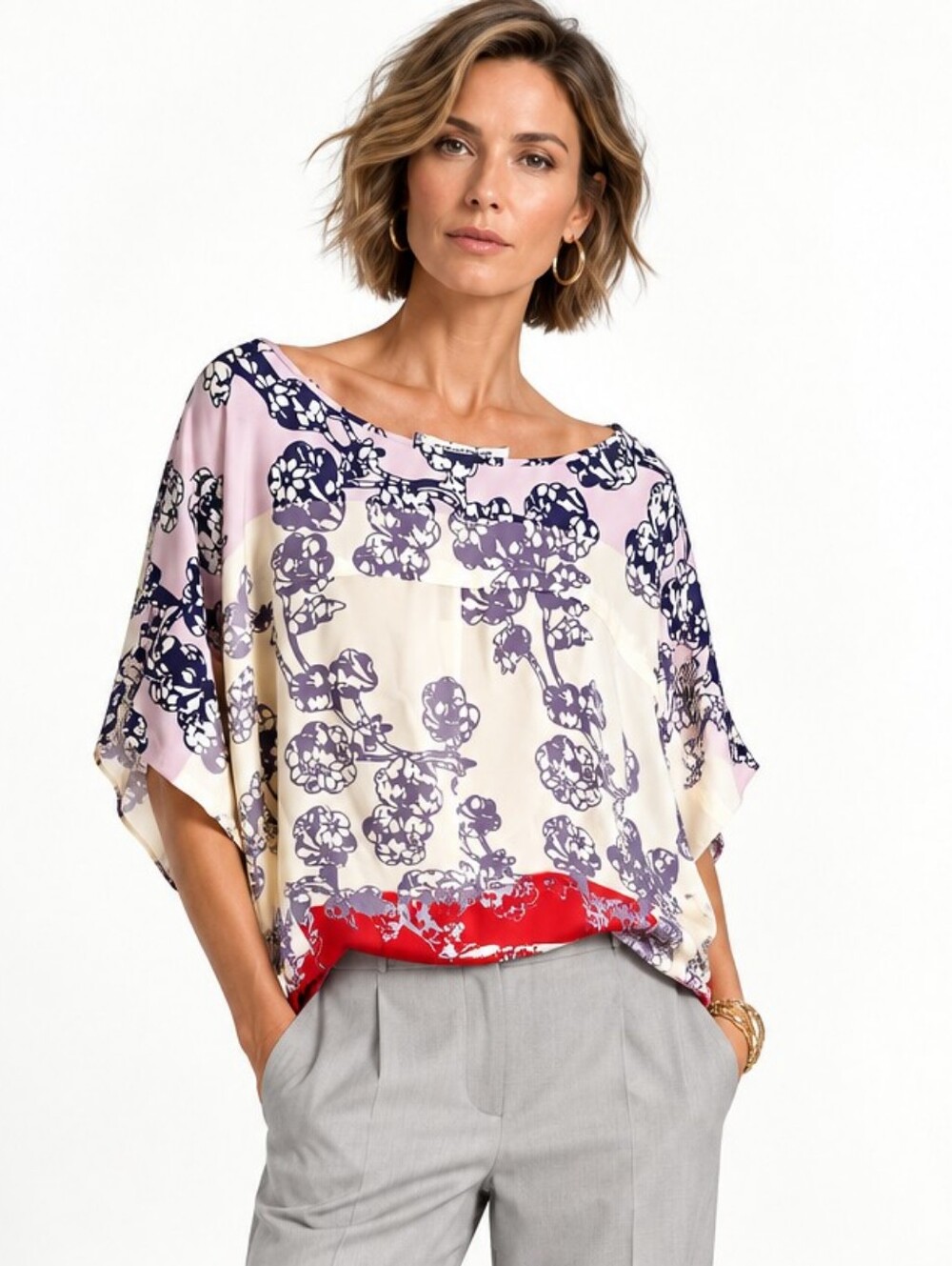 Diane Von Furstenberg Silk Landy Oversized Blouson Blouse Lilac Red
